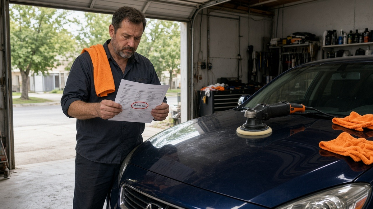 In his car detailing garage, a shop owner stands by a half-polished car, studying a card statement with the online ads charge circled in red.