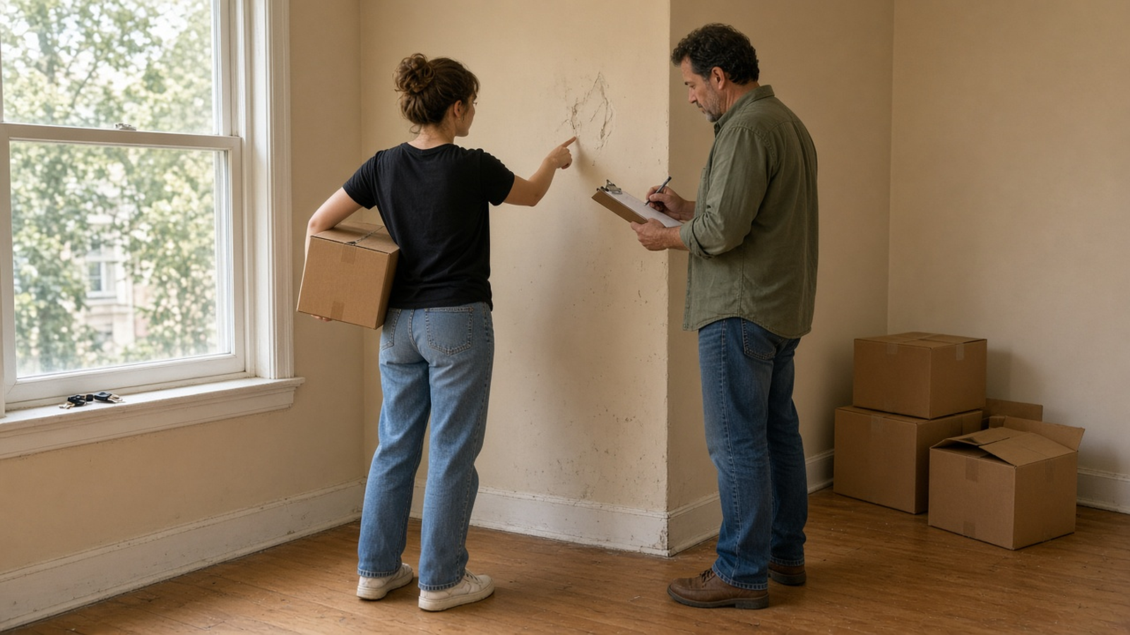 At a move-out check, a tenant points at a mark on the wall while the landlord notes it on a clipboard.