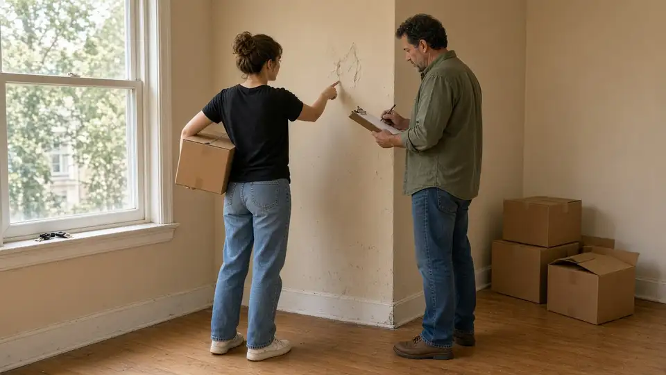 At a move-out check, a tenant points at a mark on the wall while the landlord notes it on a clipboard.