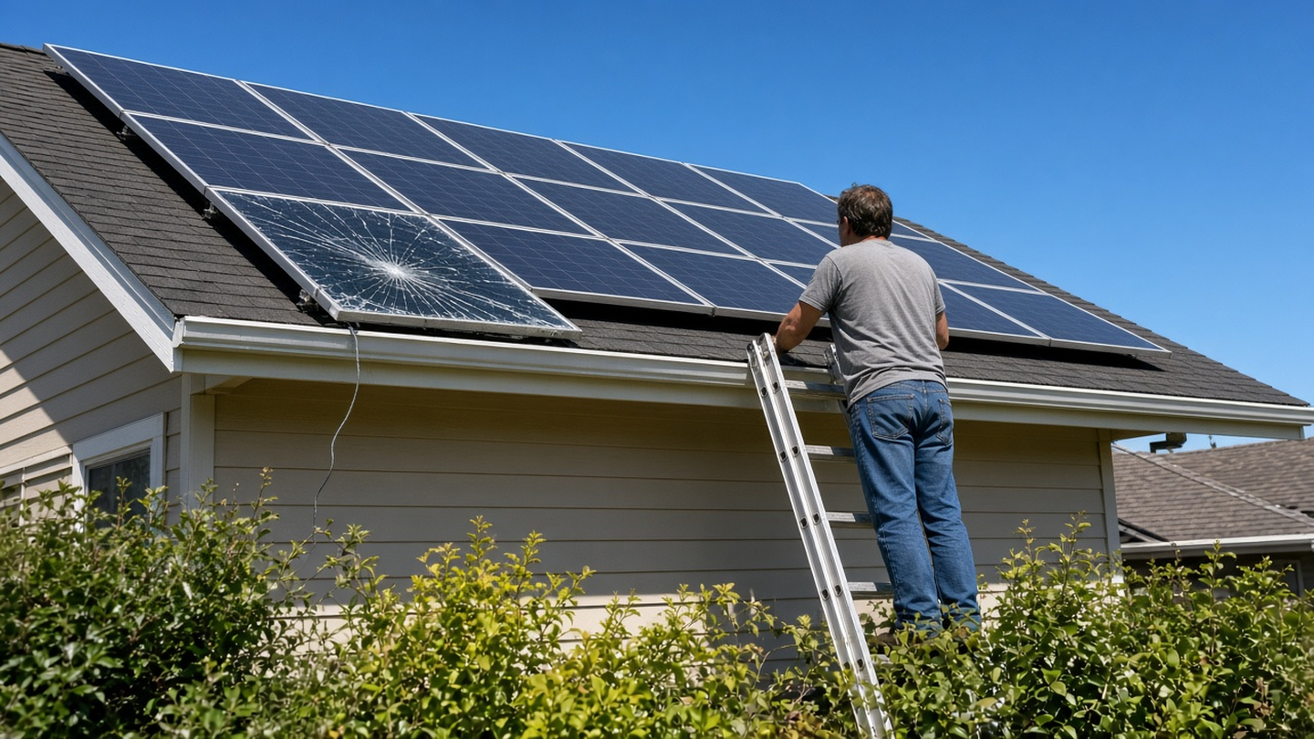 A homeowner on a ladder looks at a cracked solar panel on his roof, with a loose cable hanging down.