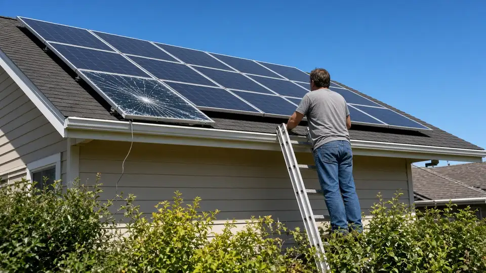 A homeowner on a ladder looks at a cracked solar panel on his roof, with a loose cable hanging down.