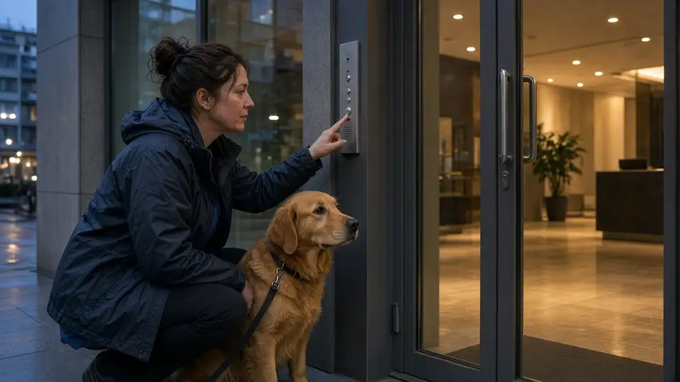 A pet sitter crouches with a golden dog at a locked apartment door at dusk, pressing the buzzer and waiting.