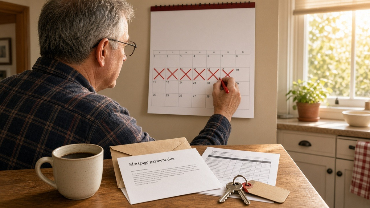 A small landlord crosses off another day in red on a wall calendar, with a mortgage payment letter, a bank statement and rental keys on the table.