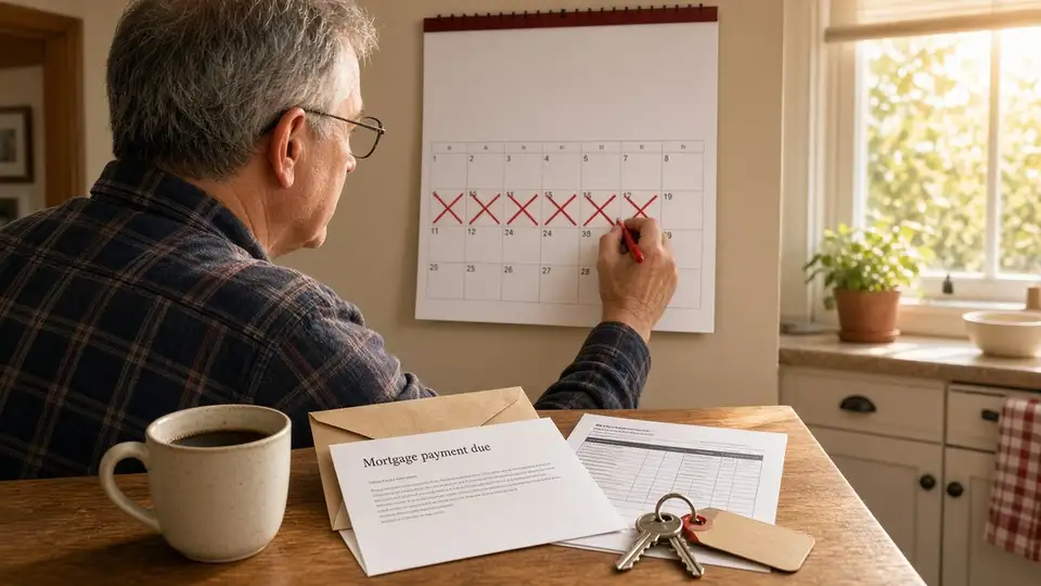 A small landlord crosses off another day in red on a wall calendar, with a mortgage payment letter, a bank statement and rental keys on the table.