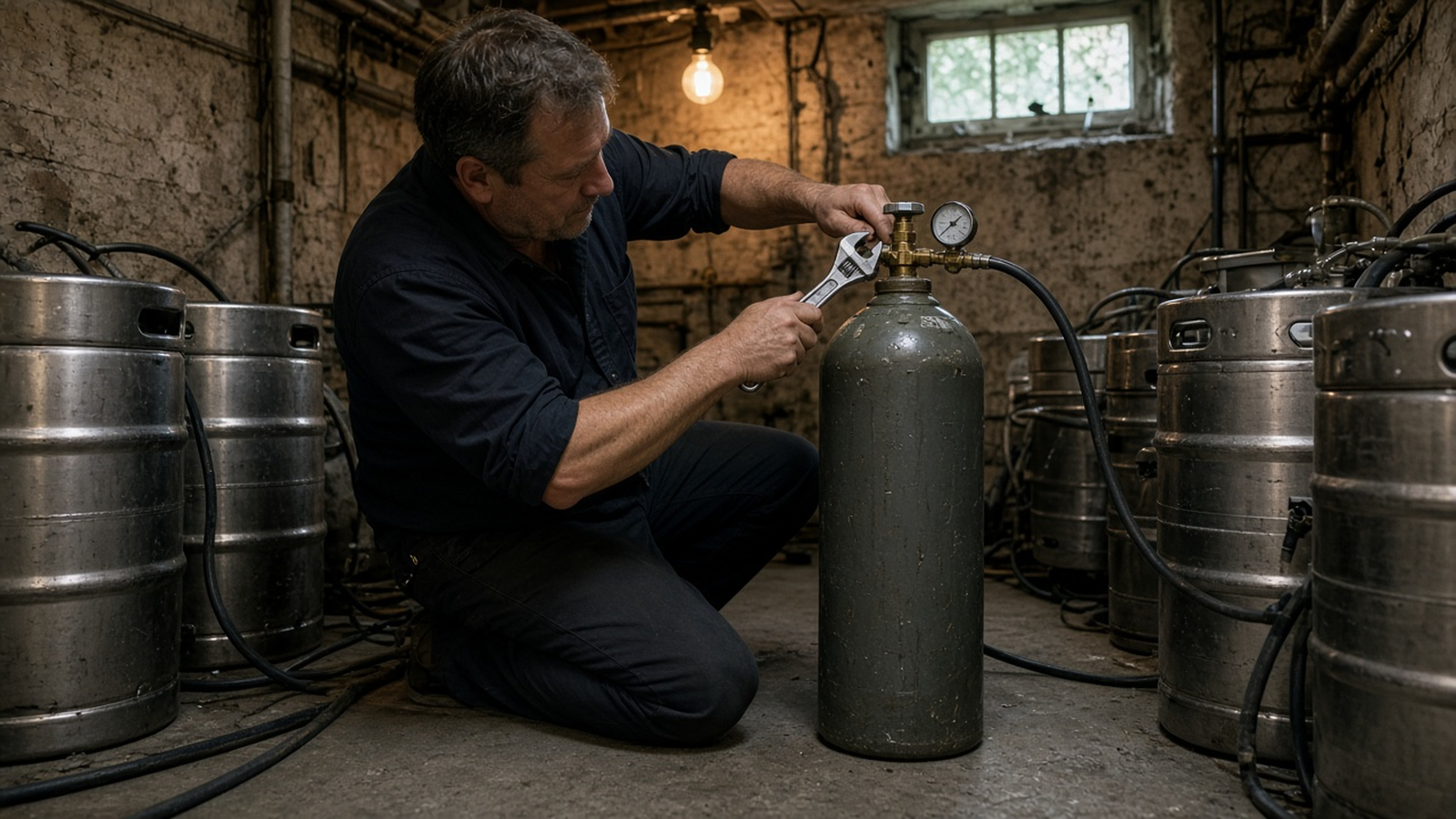 A bar manager kneels in the cellar among beer kegs, fitting a gas valve onto the CO2 bottle with a wrench.