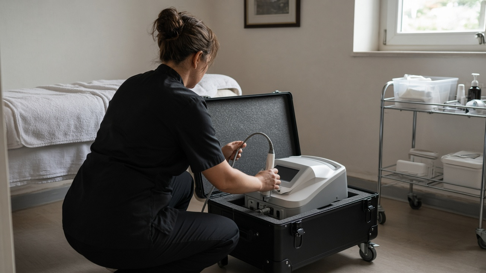 A skin-care professional kneels in a small treatment room, setting up a pro skin device from its travel case.