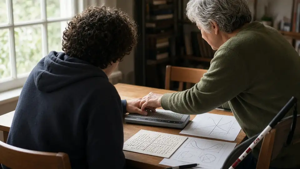A teacher guides a blind student's hand across a braille reader at a library table covered in math worksheets with graphs.
