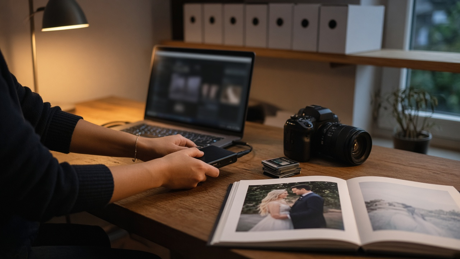 A wedding photographer plugs a backup drive into her laptop at her desk, next to her camera, memory cards and a wedding album.