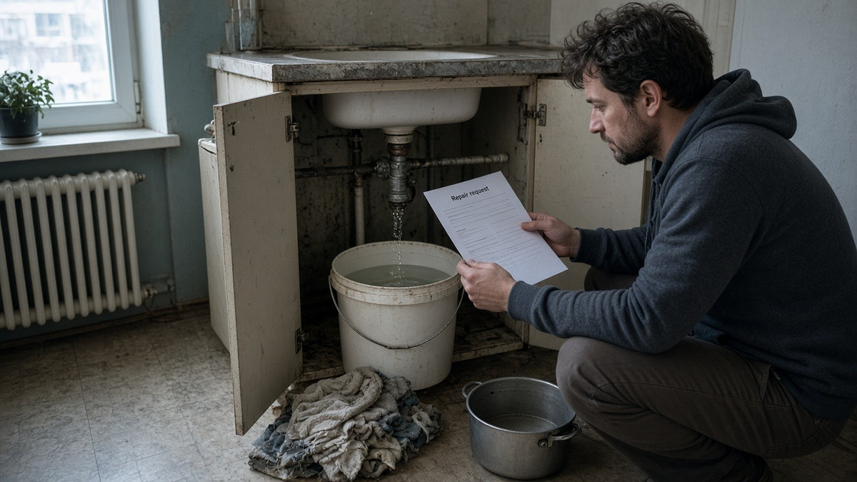 A tenant kneels in a worn rented kitchen beside a bucket catching drips from a leaking pipe under the sink, reading a printed repair request.