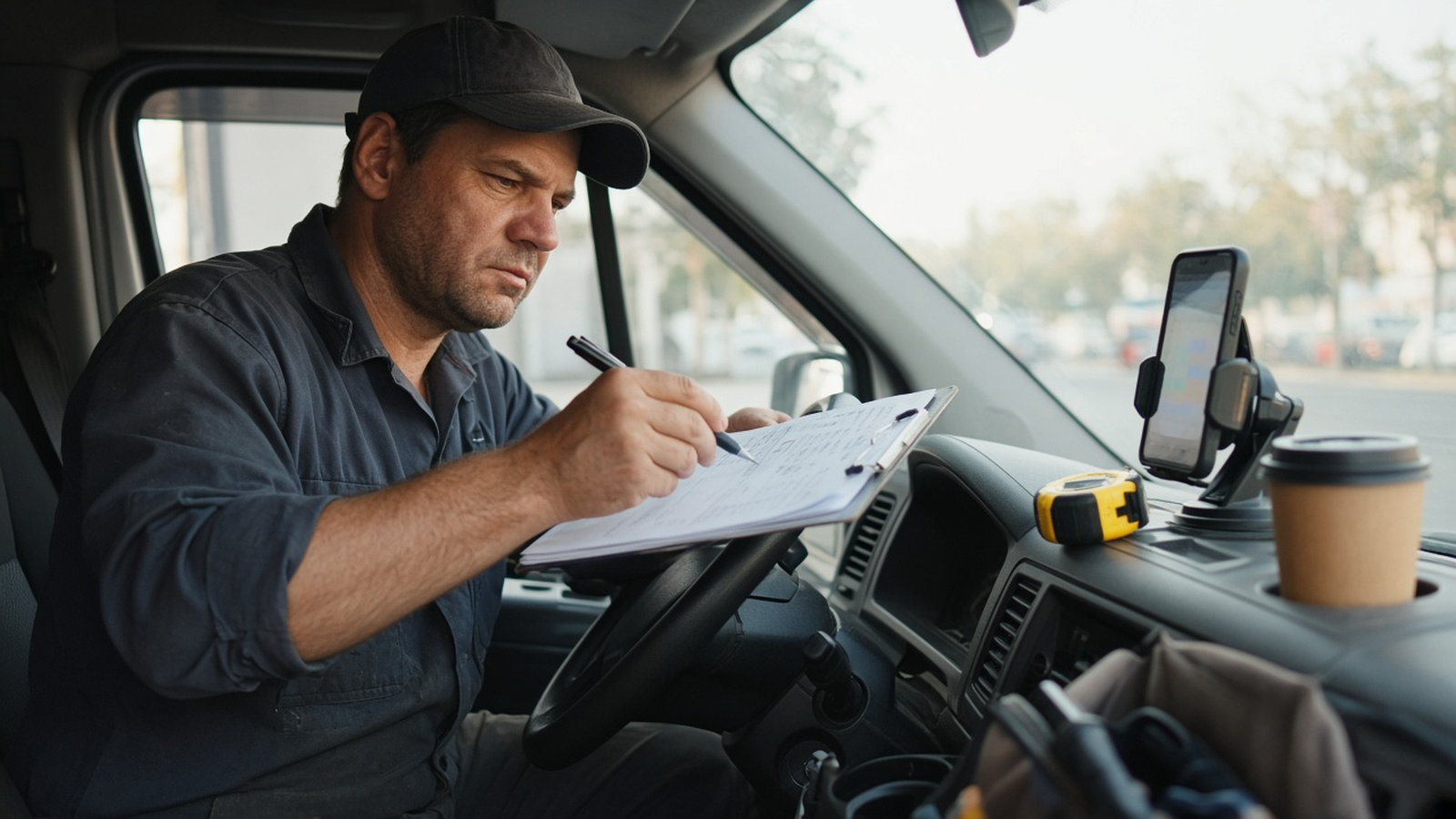A handyman sits in his van, marking up a list of paid job leads on a clipboard against the steering wheel.