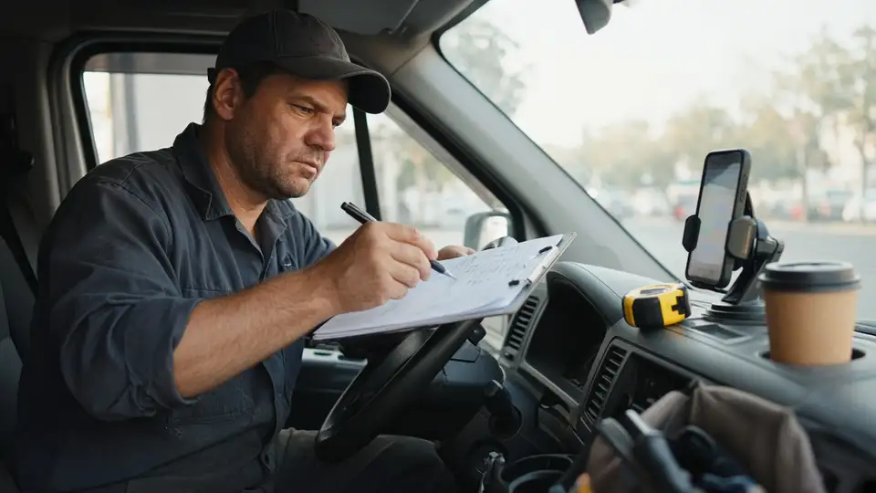 A handyman sits in his van, marking up a list of paid job leads on a clipboard against the steering wheel.