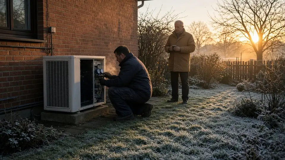 A technician kneels at an open heat pump on a frosty winter morning while the homeowner watches with a coffee.