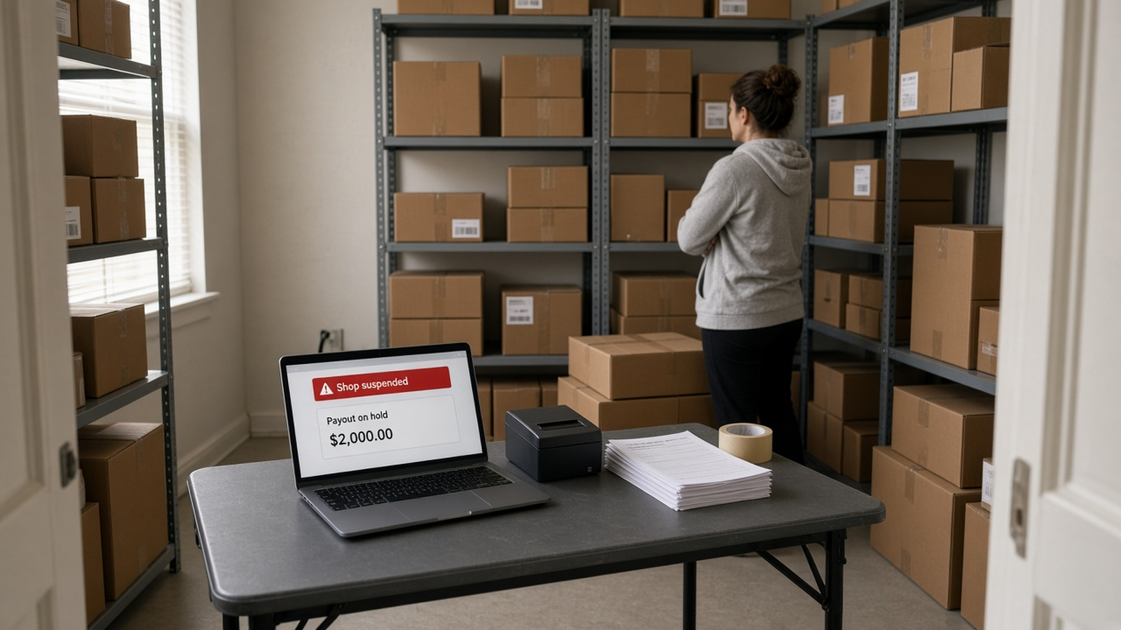 A small seller's packing room full of shelves of boxed stock. On the table, a laptop says "Shop suspended" and "Payout on hold: $2,000.00" while the seller stands by the shelves.