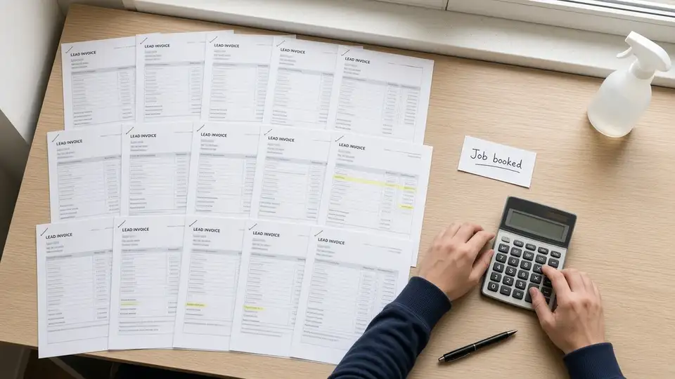 Top-down view of a desk covered in rows of printed lead bills, with hands tallying on a calculator next to a single note that says Job booked.