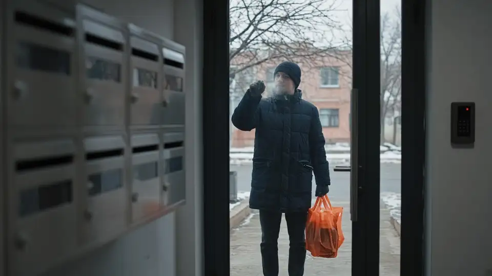 Seen from inside an apartment lobby, a resident holding a grocery bag knocks on the locked glass door in the snow, next to a smart lock keypad with a red light.