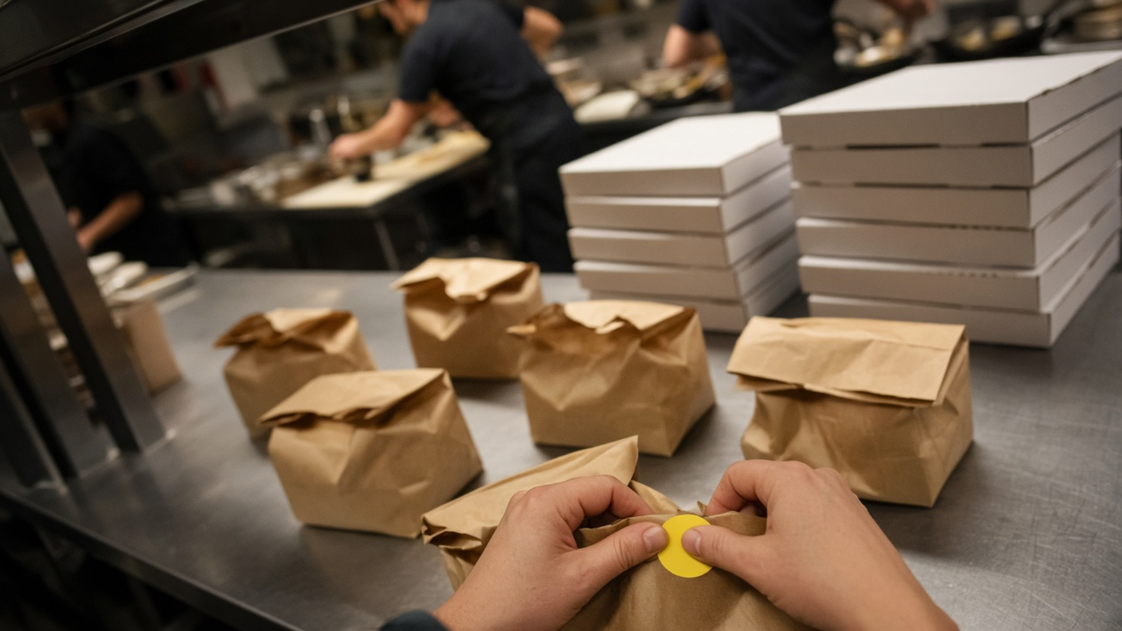 A packer seals a takeout bag with a sticker at a busy restaurant counter lined with delivery bags and pizza boxes.