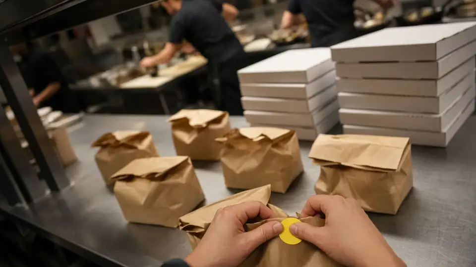 A packer seals a takeout bag with a sticker at a busy restaurant counter lined with delivery bags and pizza boxes.