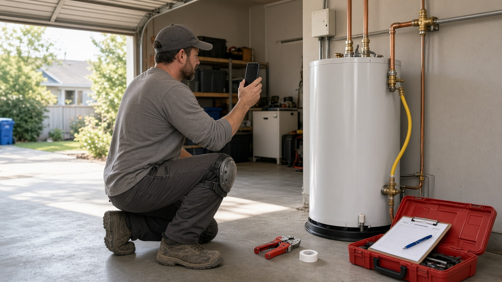 A plumber kneels by a newly installed water heater in a sunny garage, photographing his finished work, with a signed job estimate on a clipboard in his open tool case.